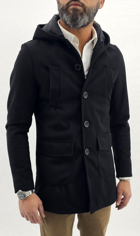 Cappotto Uomo Invernale giubbotto Nero Giacca Slim Fit parka Giubbino Cappuccio