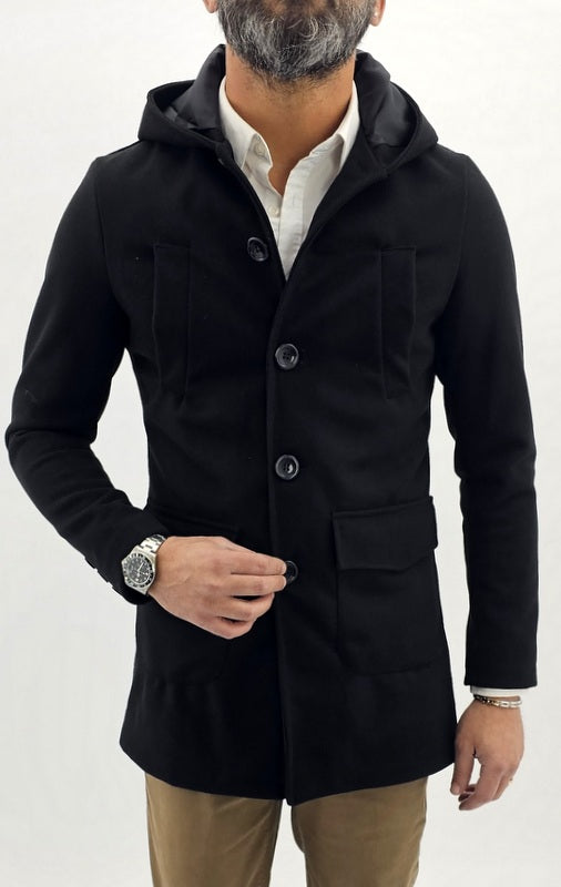 Cappotto Uomo Invernale giubbotto Nero Giacca Slim Fit parka Giubbino Cappuccio