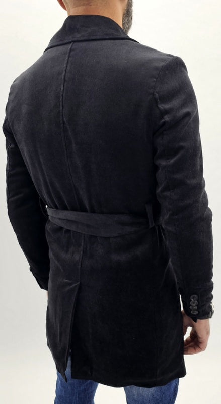 cappotto uomo millerighe nero cintura foderato ecopelliccia