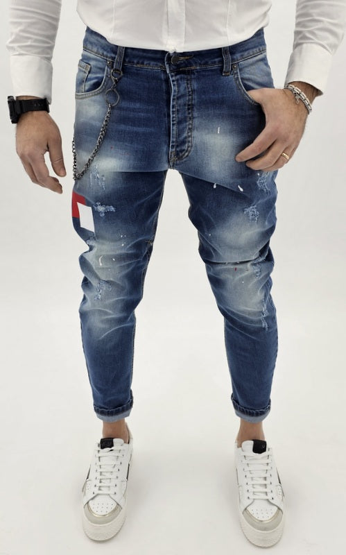 jeans uomo cavallo basso toppe strappi catena estraibile 42,44,46,48,50,52,54