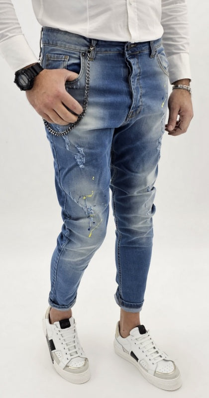 jeans uomo cavallo basso strappi pittura catena estraibile 42,44,46,48,50,52,54