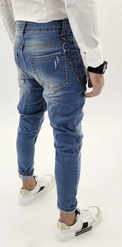 jeans uomo cavallo basso strappi pittura catena estraibile 42,44,46,48,50,52,54