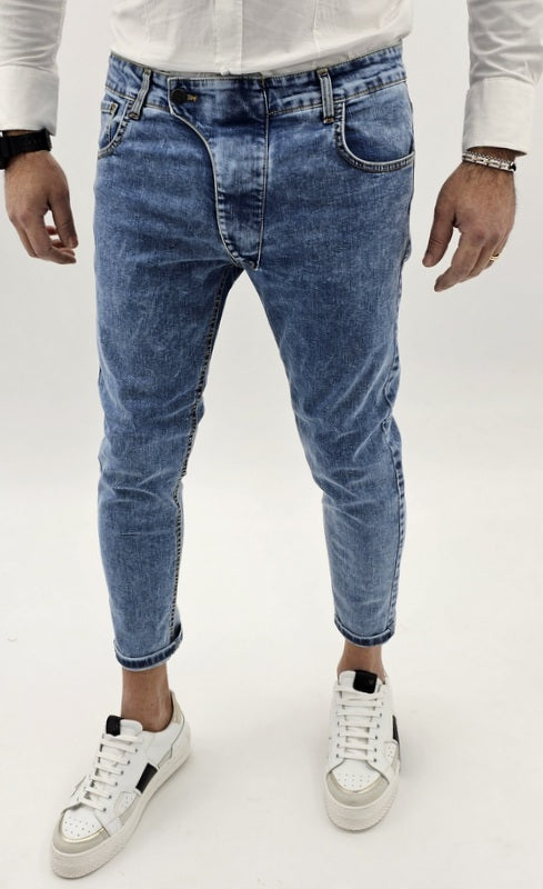 Jeans Pantaloni pattina bottoni Uomo Elastico skinny slim fit capri blu italy