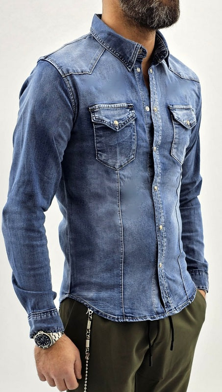 Camicia jeans Denim elastica 2 tasche bottoni madreperla s,m,l,xl