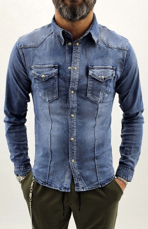 Camicia jeans Denim elastica 2 tasche bottoni madreperla s,m,l,xl