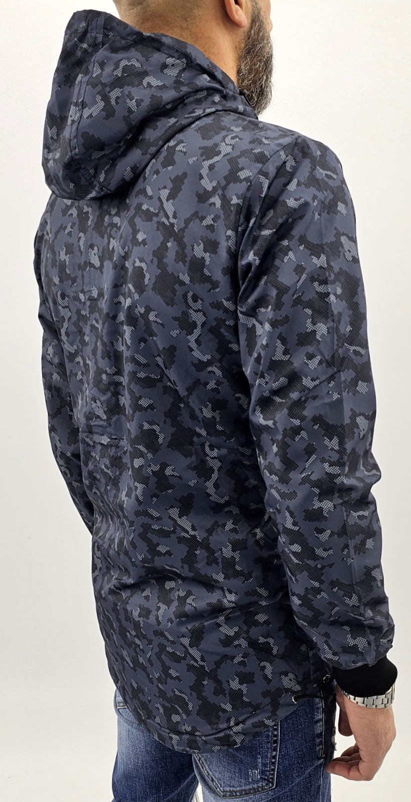 Parka cappuccio uomo giubbino impermeabile mimetico lungo giacca nero/blu
