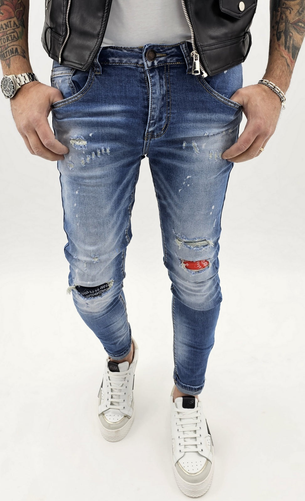 Jeans  Uomo Elasticizzati Strappi toppe bandana pittura  caviglia stretta 42,44,46,48,50,52