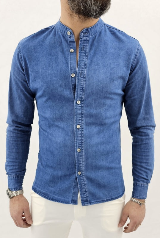 Camicia jeans Denim Coreana Blu chiaro elastica bottoni s,m,l,xl,xxl