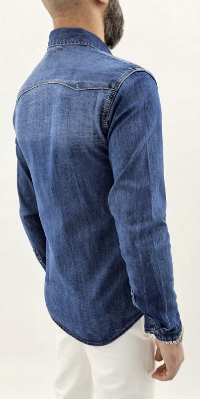Camicia jeans Denim Blu elastica bottoni madreperla blu s,m,l,xl,xxl