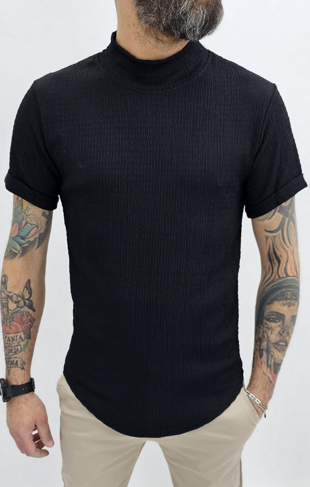 Maglia uomo mezzo collo alto Camicia elastica t-shirt nero/marrone