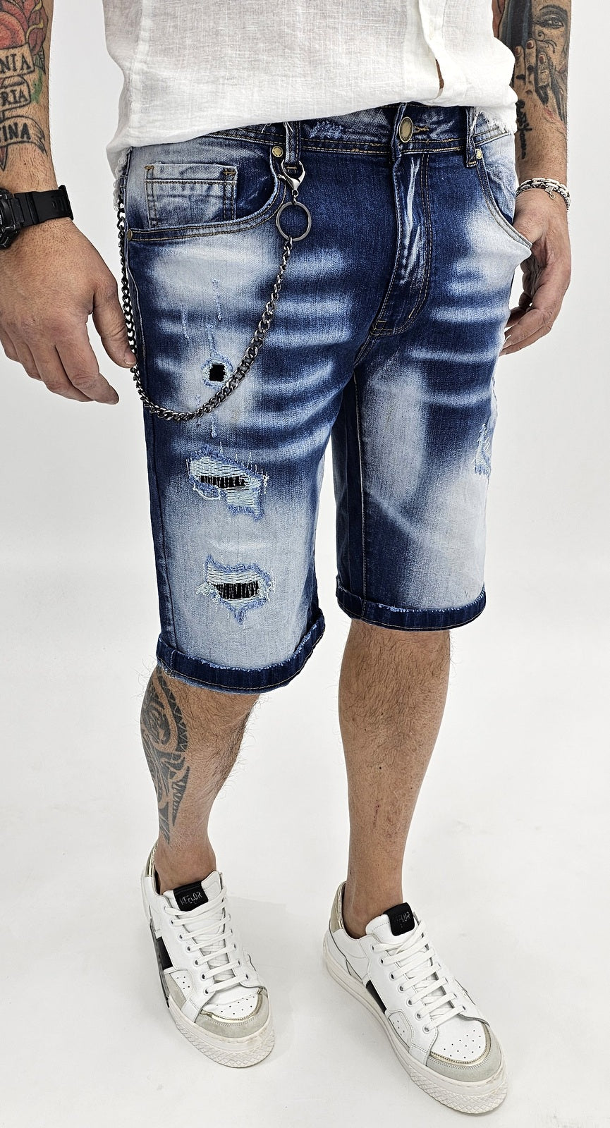 Pantaloncini Uomo Bermuda Jeans Catena toppe Pantaloni Corti Cotone Sfumato blu