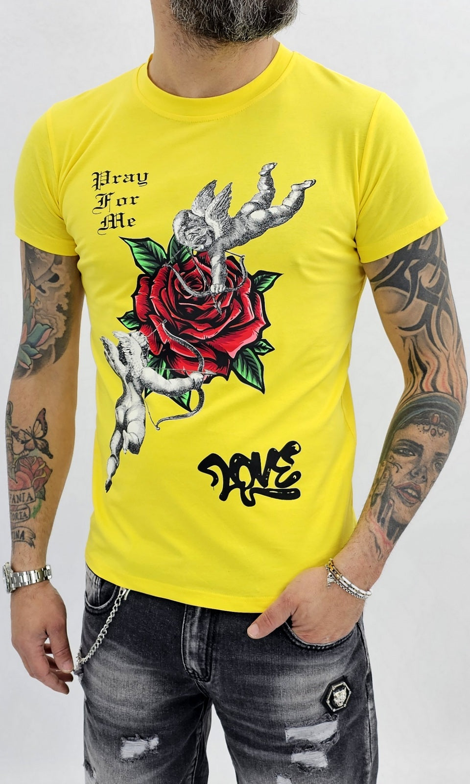 T-shirt uomo Maglia Manica stampa Angels Nero/giallo/bianco s,m,l,xl