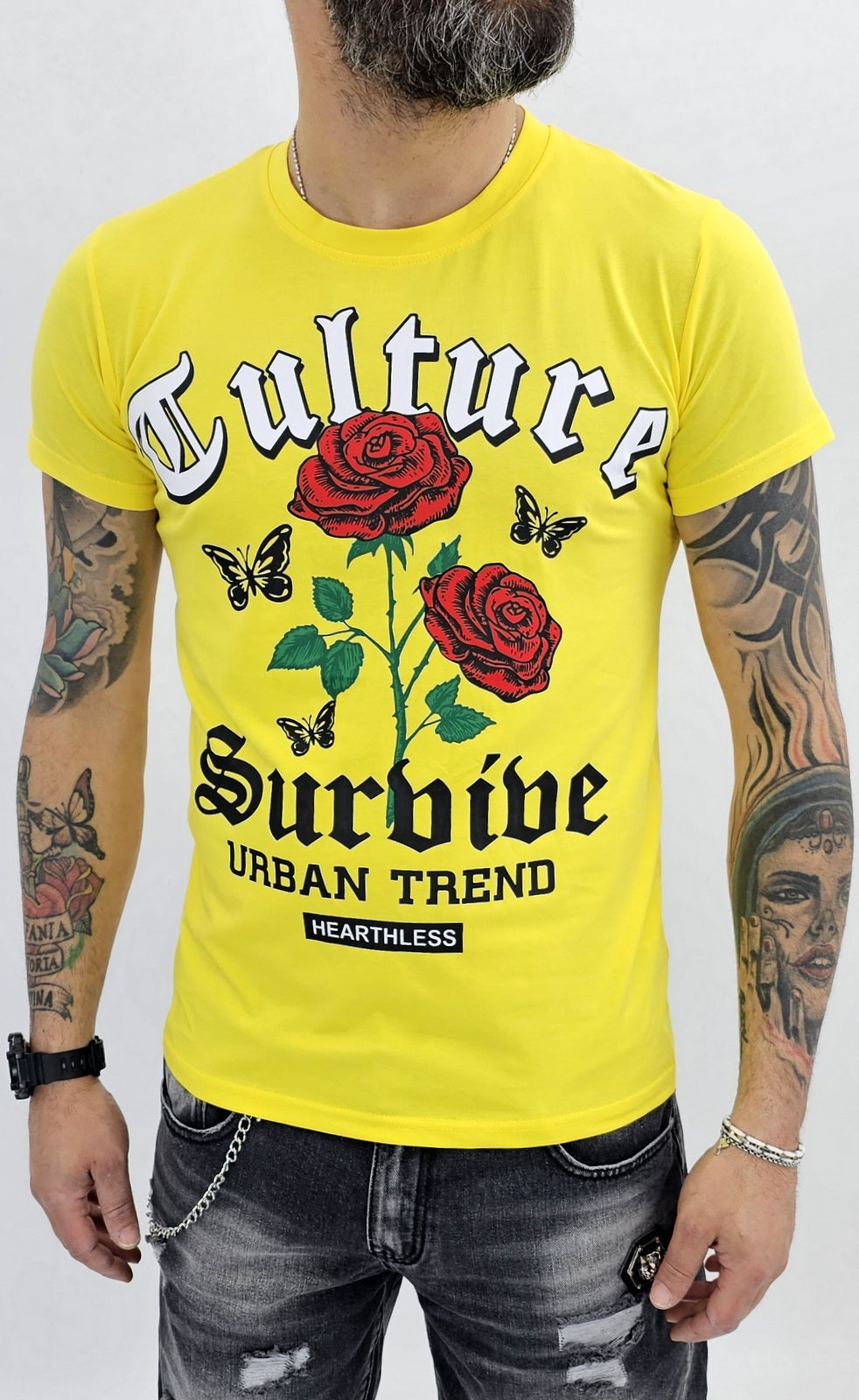 T-shirt uomo Maglia Manica stampa rose Nero/giallo/bianco s,m,l,xl