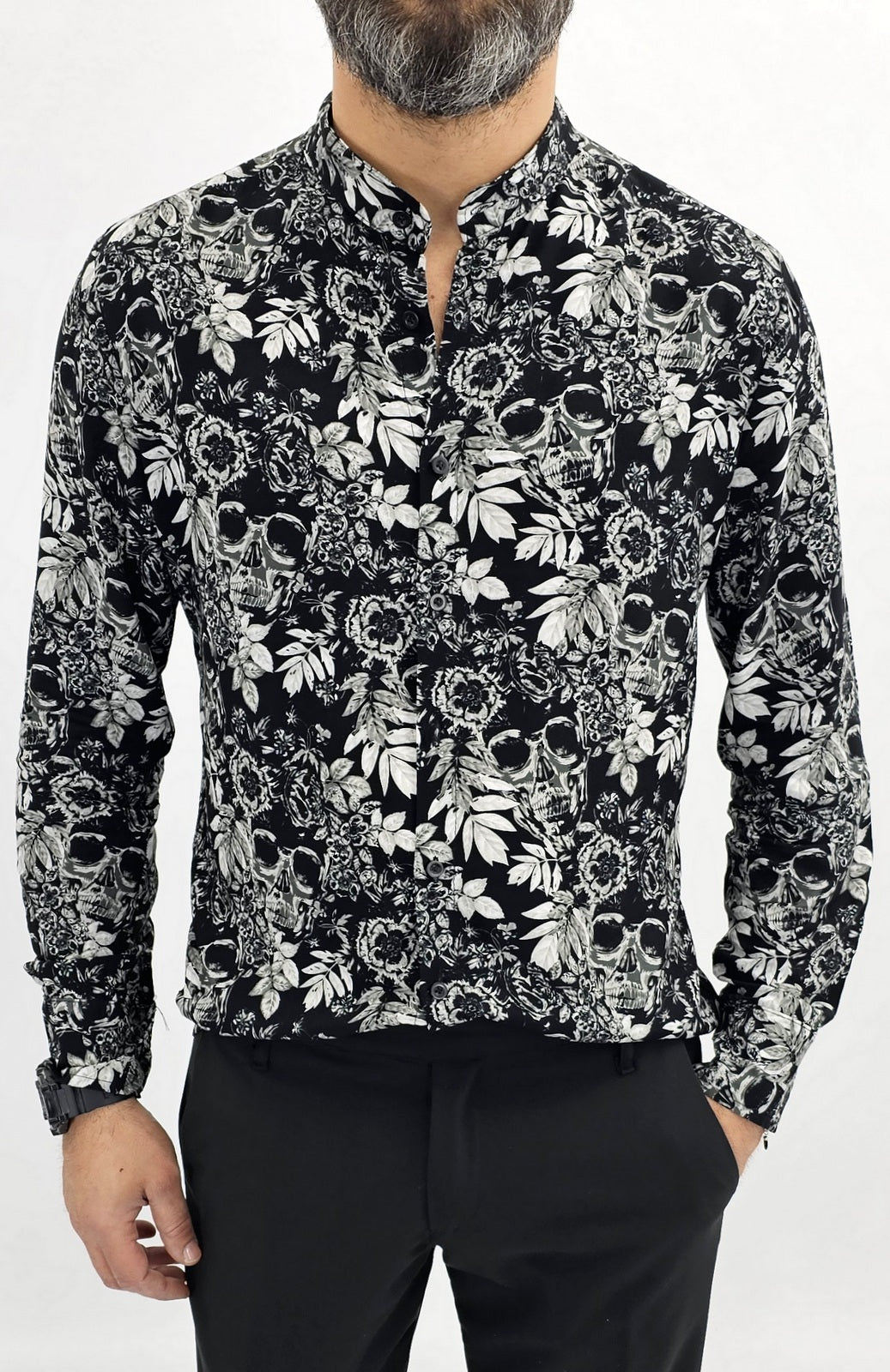 Camicia uomo coreana nero elasticizzata viscosa teschi Manica lunga floreale