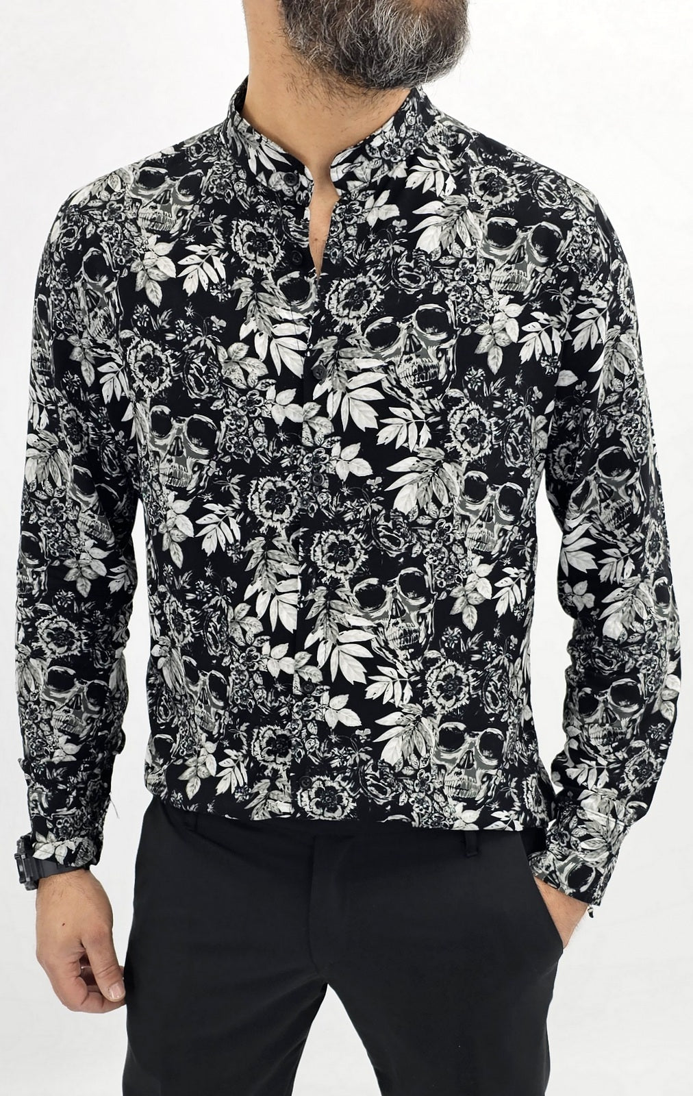 Camicia uomo coreana nero elasticizzata viscosa teschi Manica lunga floreale