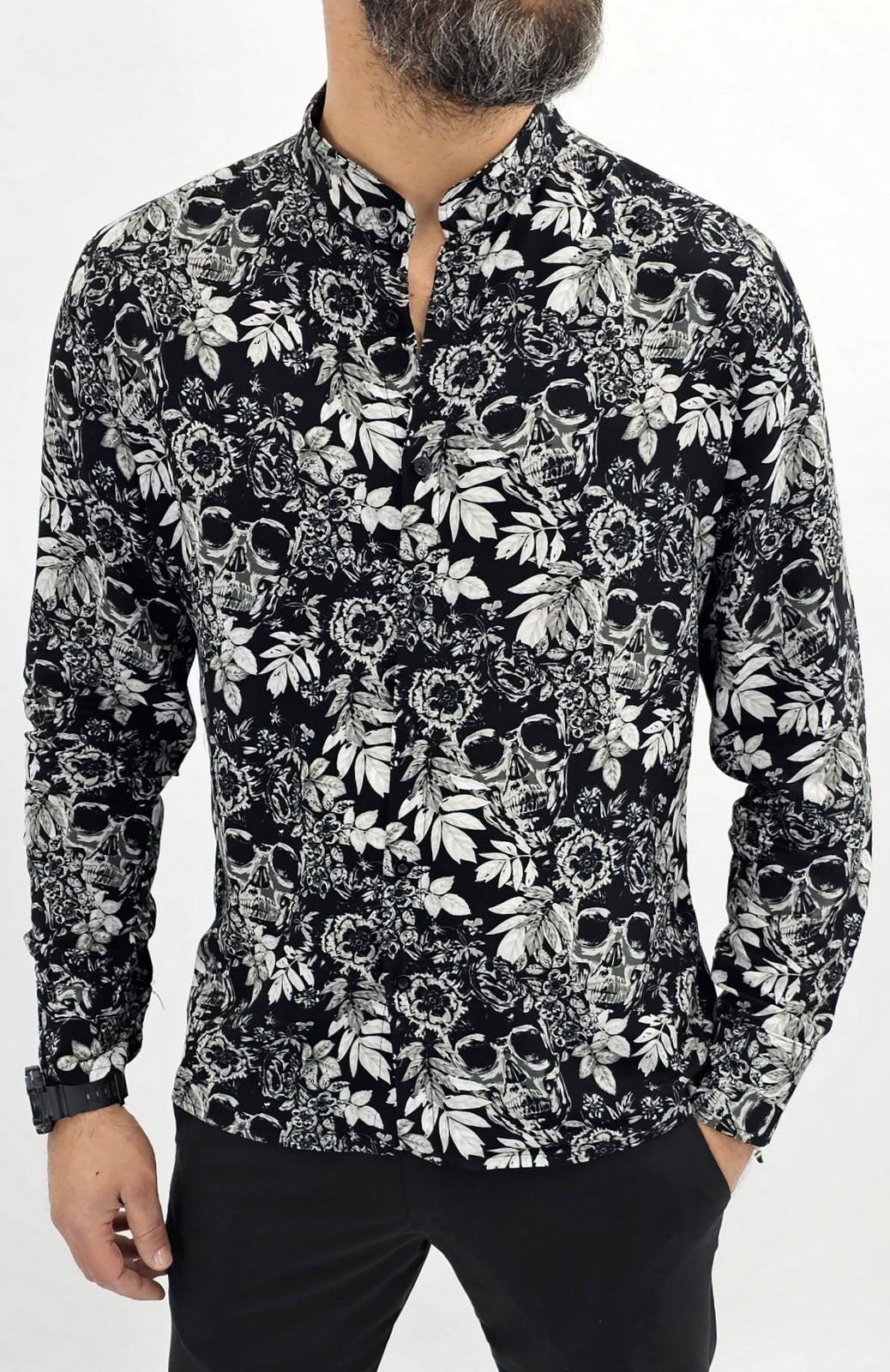 Camicia uomo coreana nero elasticizzata viscosa teschi Manica lunga floreale