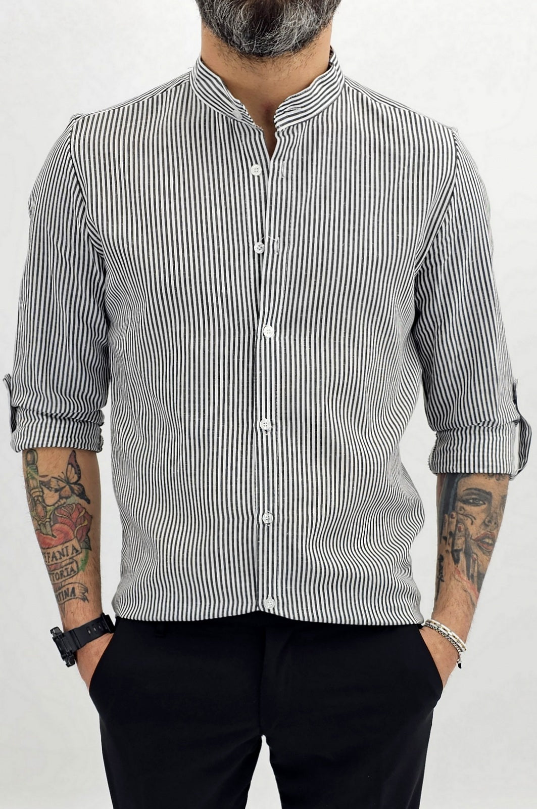 Camicia uomo sartoriale coreana bianco/Nero rigata rigo Slim lino s,m,l,xl,xxl