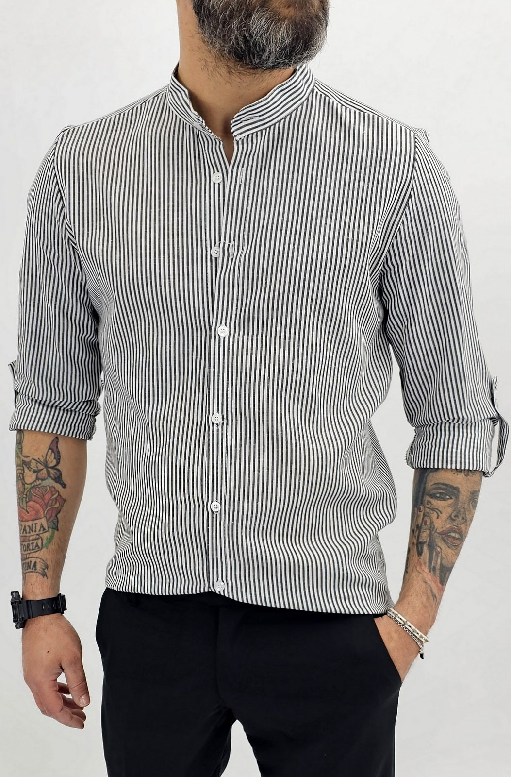 Camicia uomo sartoriale coreana bianco/Nero rigata rigo Slim lino s,m,l,xl,xxl