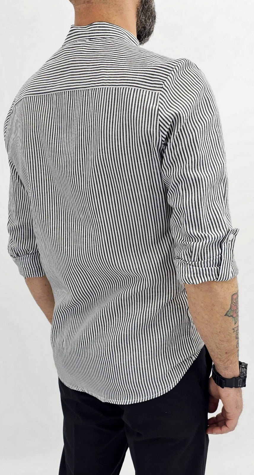 Camicia uomo sartoriale coreana bianco/Nero rigata rigo Slim lino s,m,l,xl,xxl