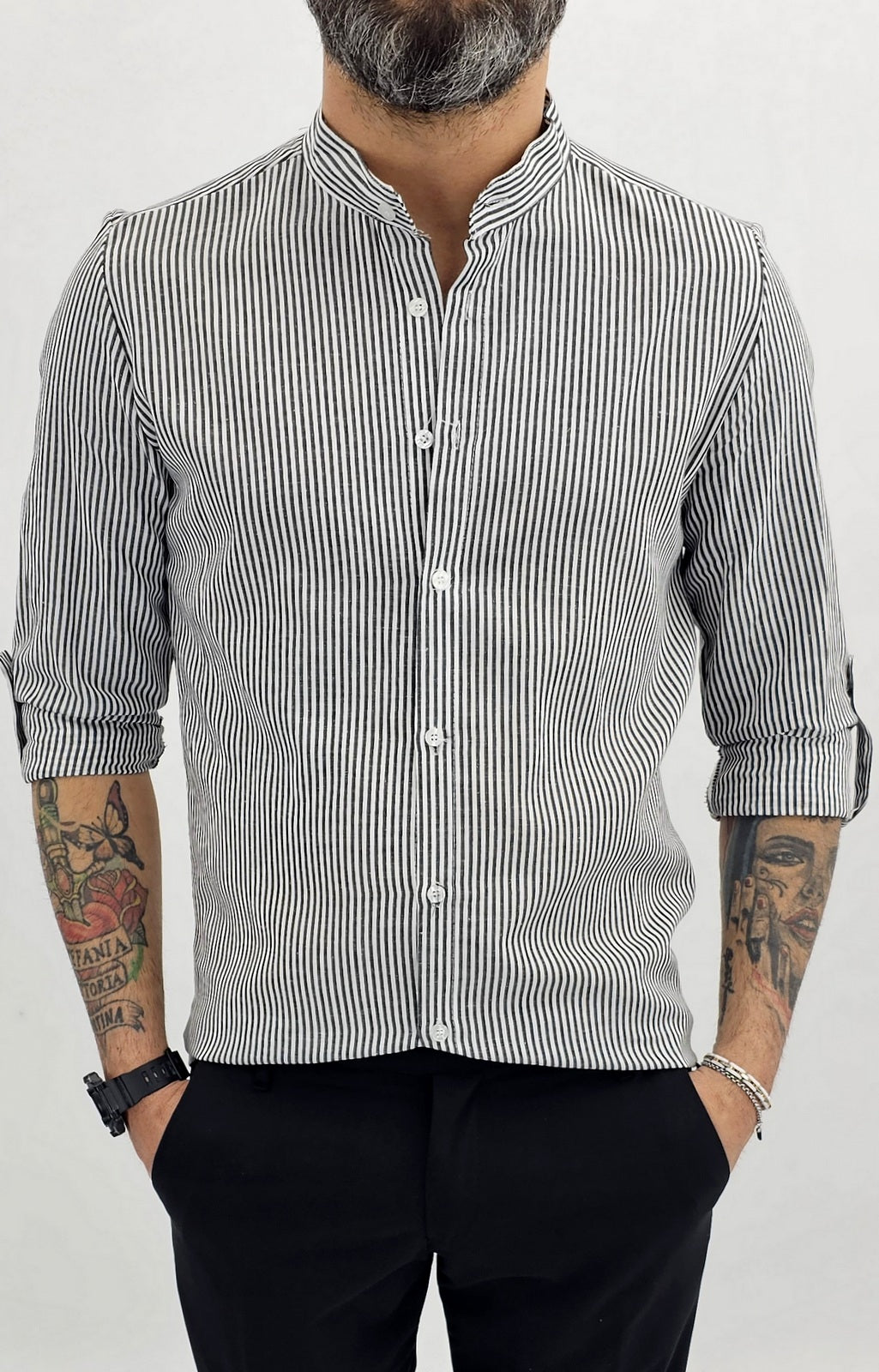 Camicia uomo sartoriale coreana bianco/Nero rigata rigo Slim lino s,m,l,xl,xxl