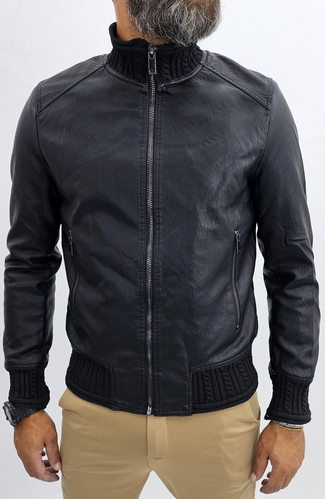 giubbino Uomo bomber collo alto treccia ecopelle giacca corto nero slim