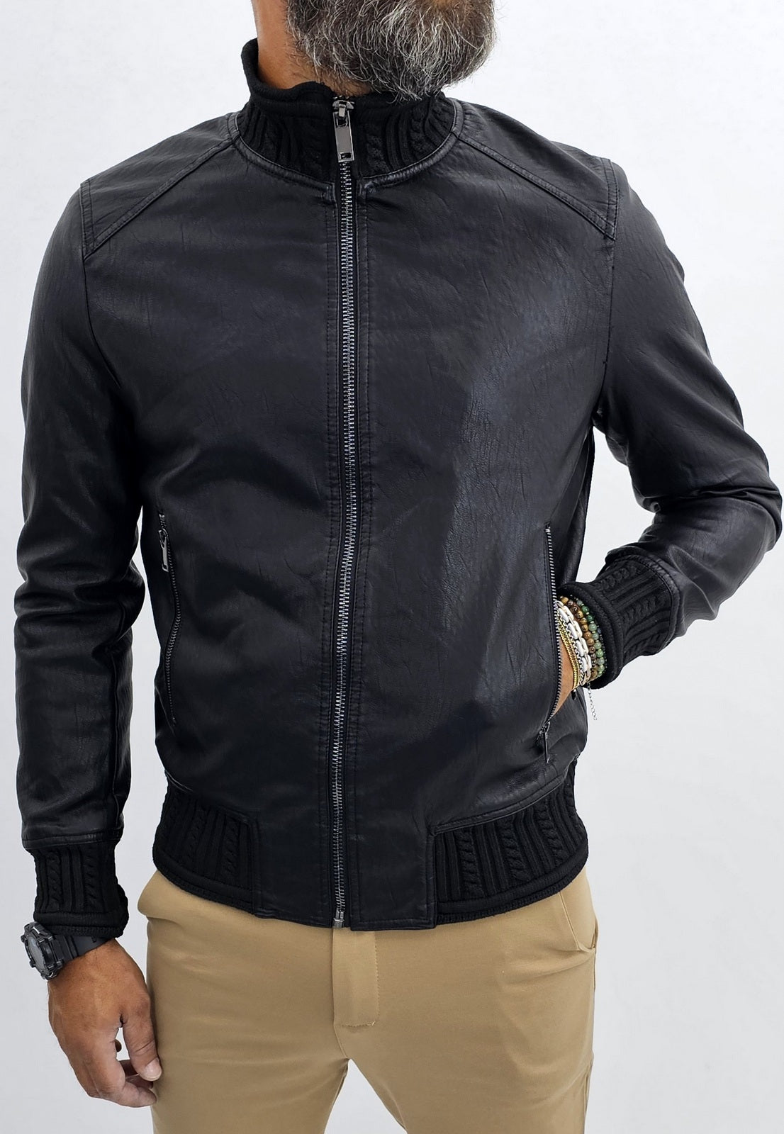 giubbino Uomo bomber collo alto treccia ecopelle giacca corto nero slim