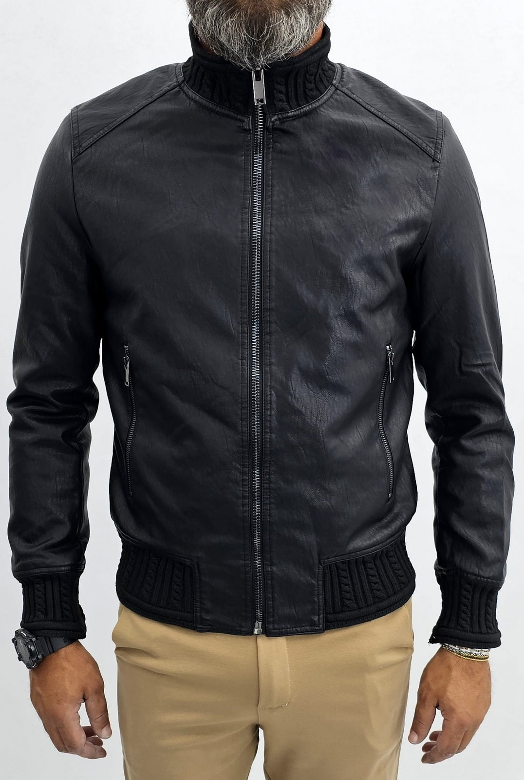 giubbino Uomo bomber collo alto treccia ecopelle giacca corto nero slim