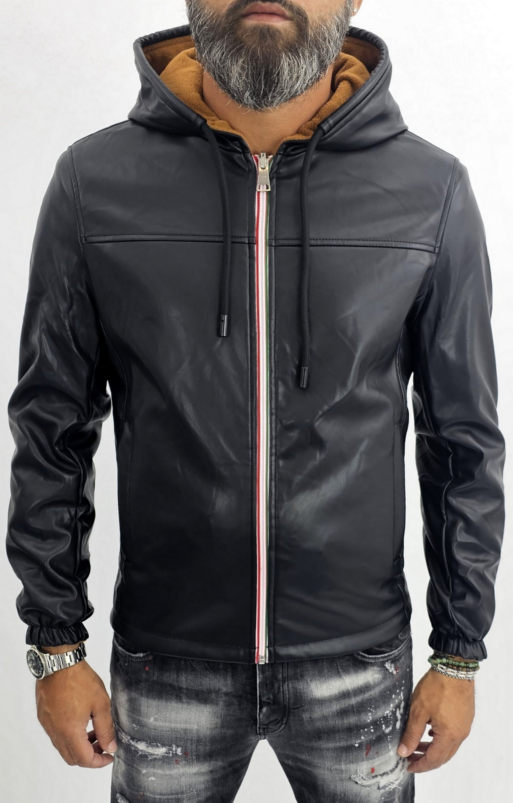 Giubbotto Uomo Giubbino double face Eco pelle Bomber Nero Cappuccio teddy Slim