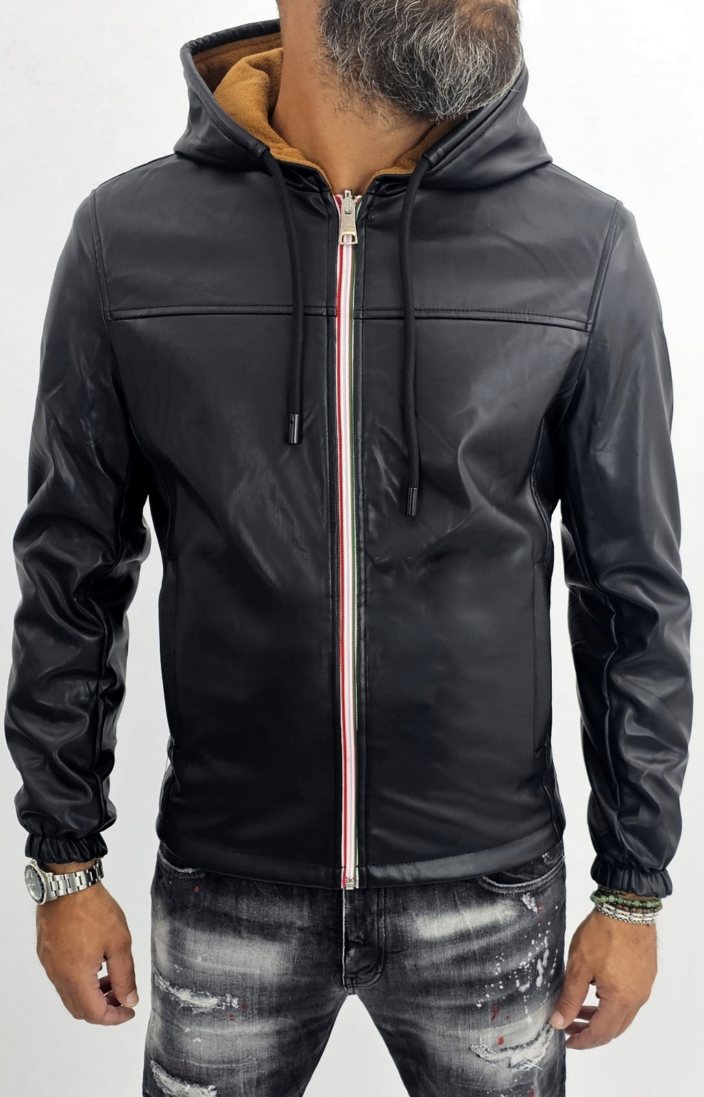 Giubbotto Uomo Giubbino double face Eco pelle Bomber Nero Cappuccio teddy Slim