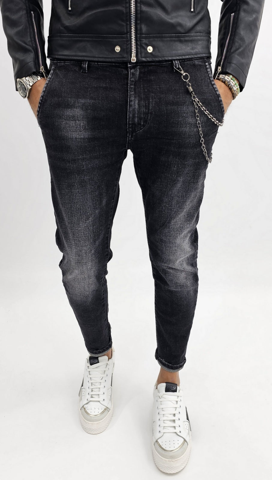 Jeans uomo slim fit tasche america skinny nero sfumato catena 44,46,48,50,52