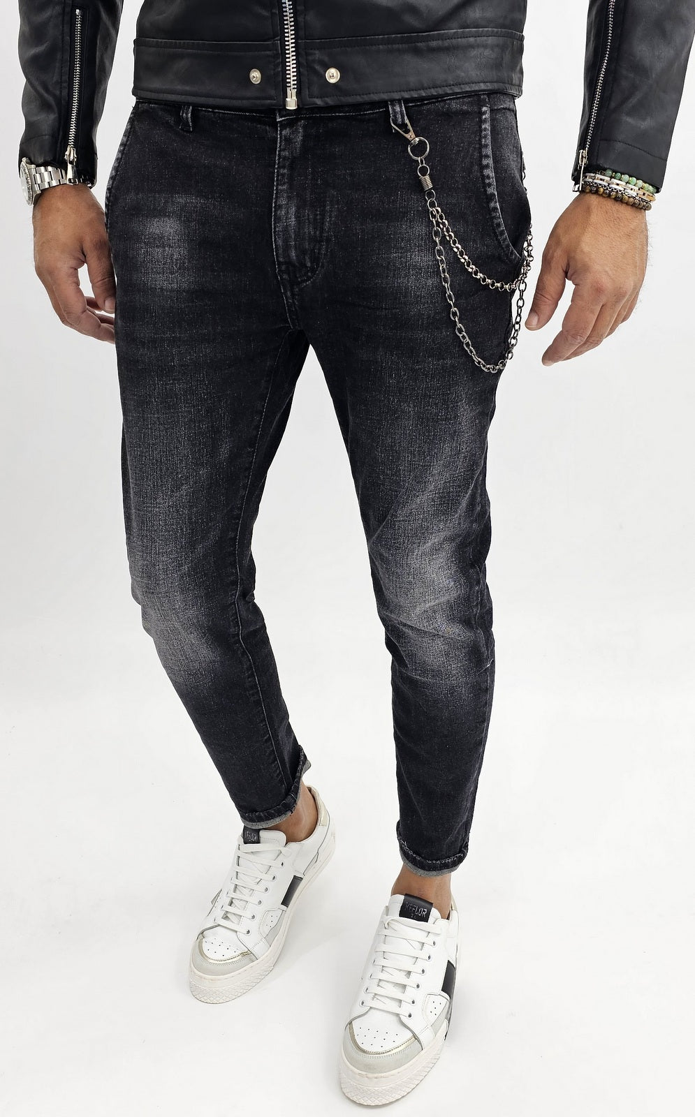 Jeans uomo slim fit tasche america skinny nero sfumato catena 44,46,48,50,52