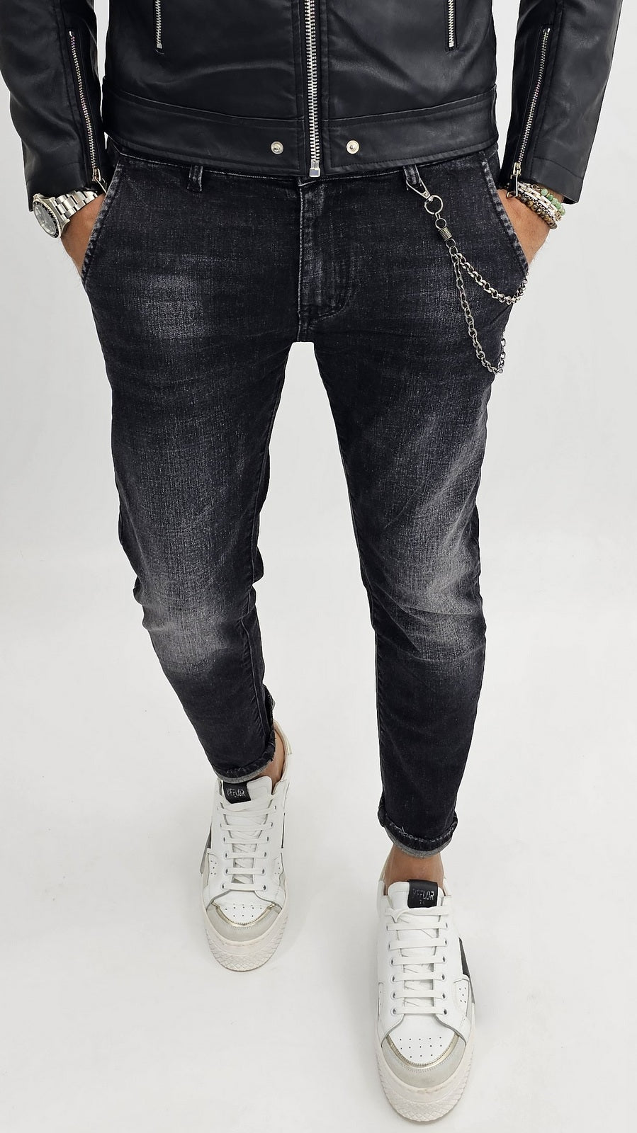 Jeans uomo slim fit tasche america skinny nero sfumato catena 44,46,48,50,52