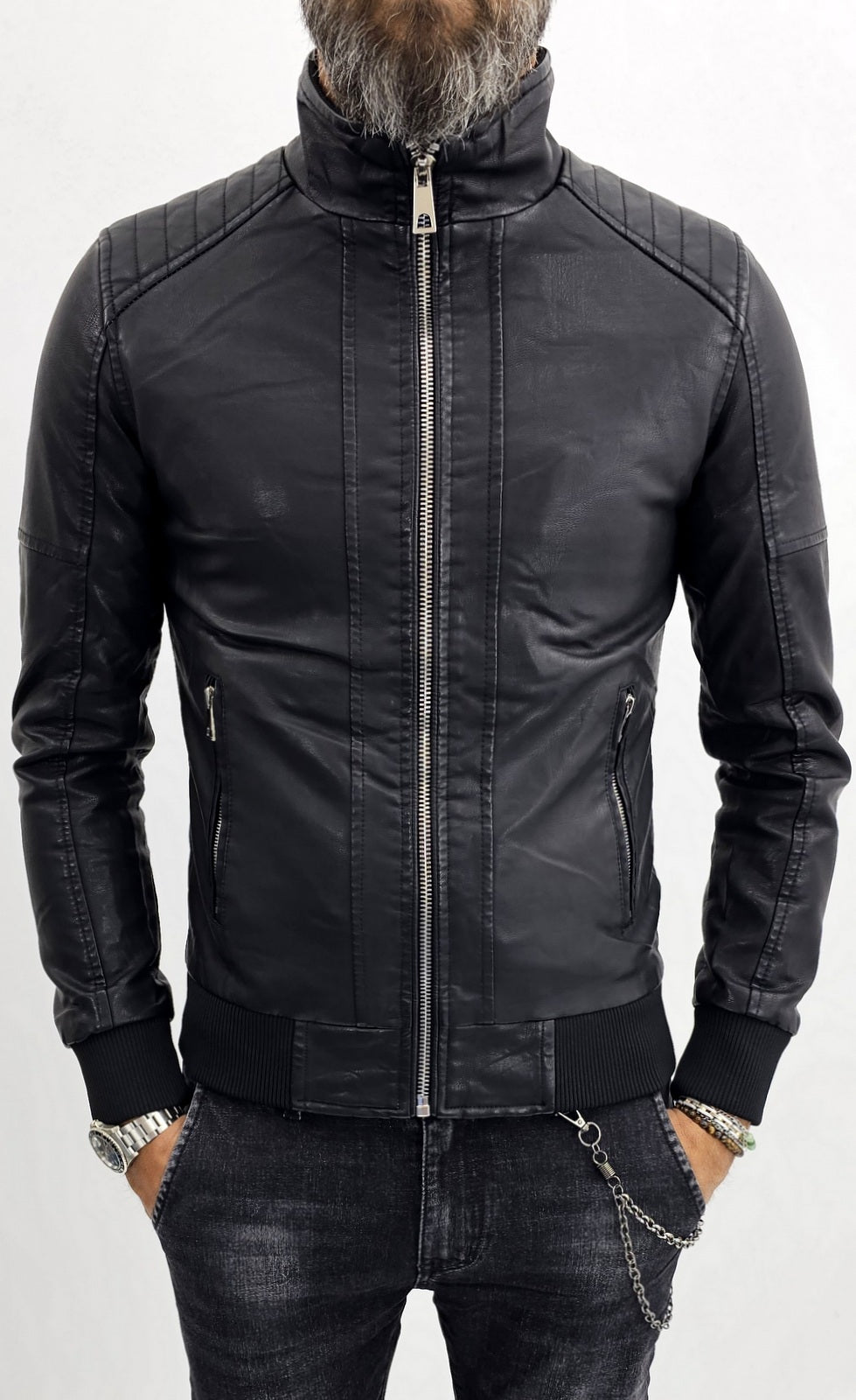 giubbino Uomo bomber biker collo alto ecopelle giacca corto nero slim