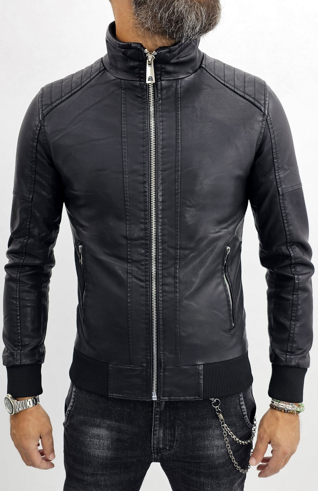 giubbino Uomo bomber biker collo alto ecopelle giacca corto nero slim