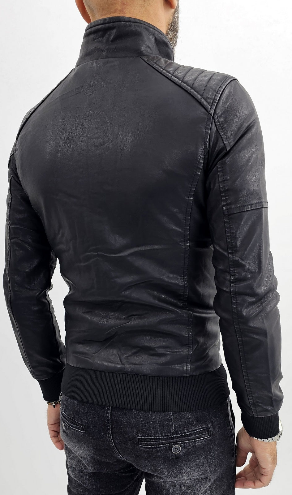 giubbino Uomo bomber biker collo alto ecopelle giacca corto nero slim