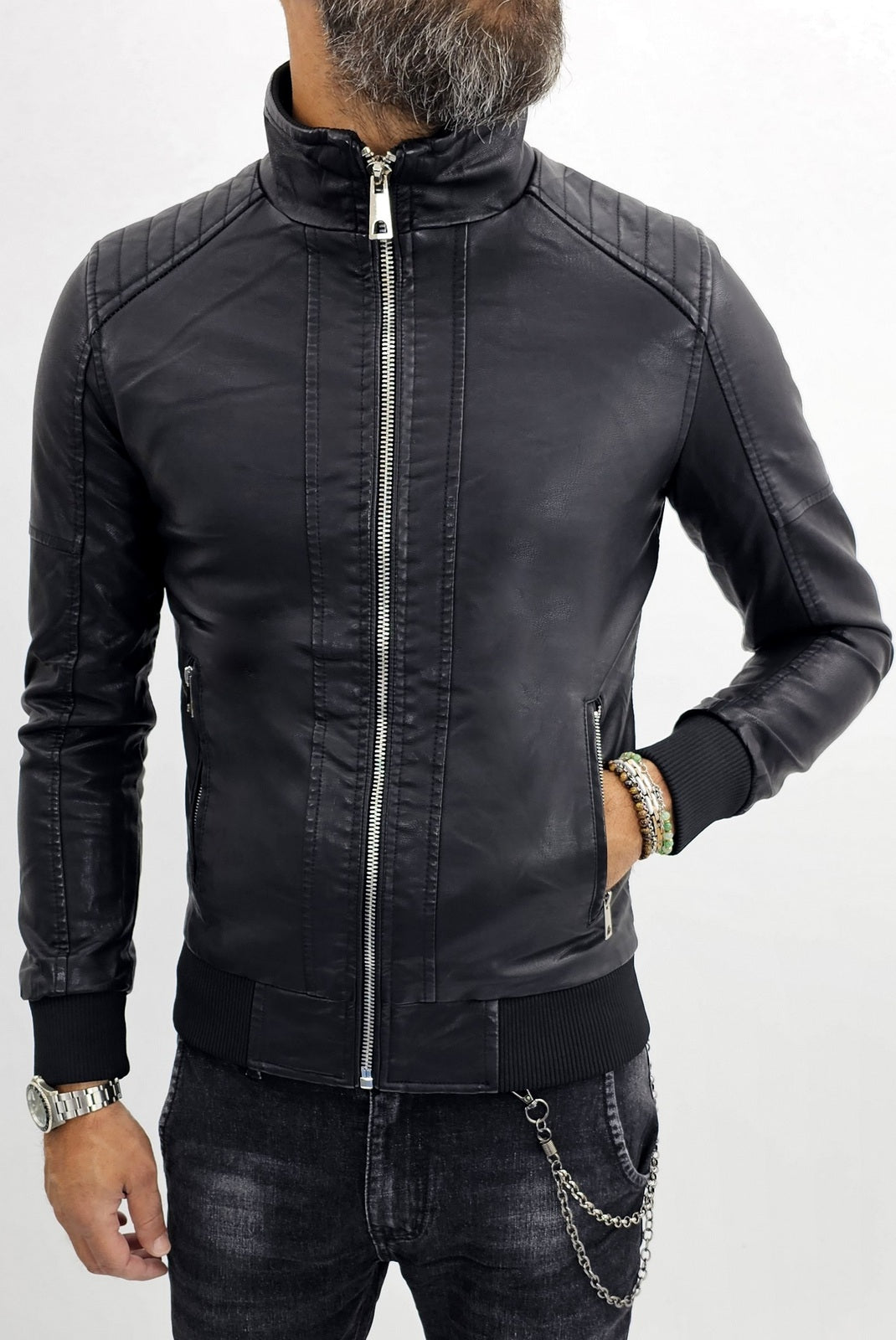 giubbino Uomo bomber biker collo alto ecopelle giacca corto nero slim