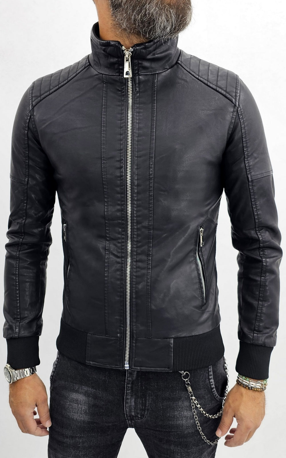 giubbino Uomo bomber biker collo alto ecopelle giacca corto nero slim