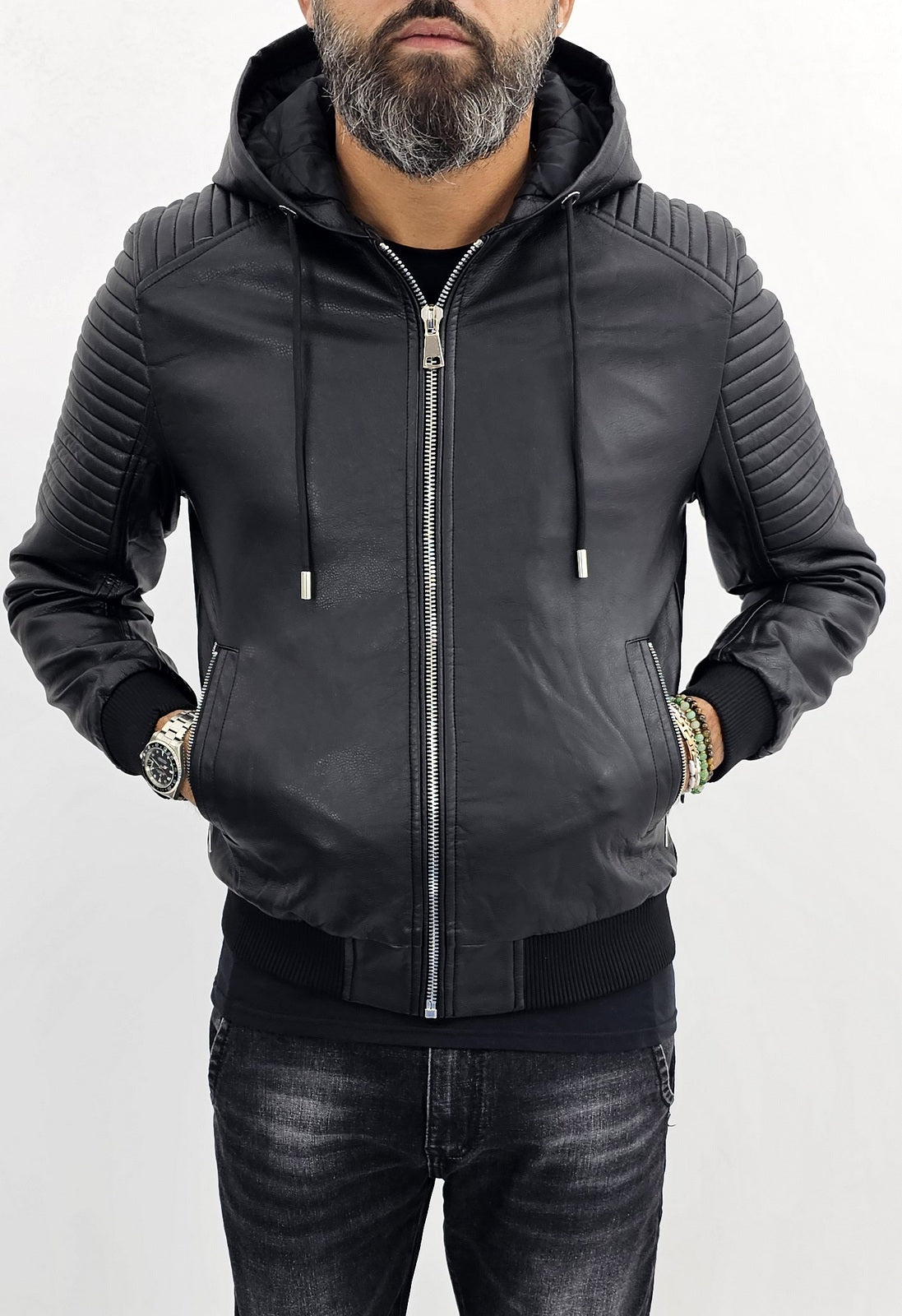 Giubbotto Uomo bomber Biker In Eco pelle Nero Cappuccio  s,ml,xl,xxl