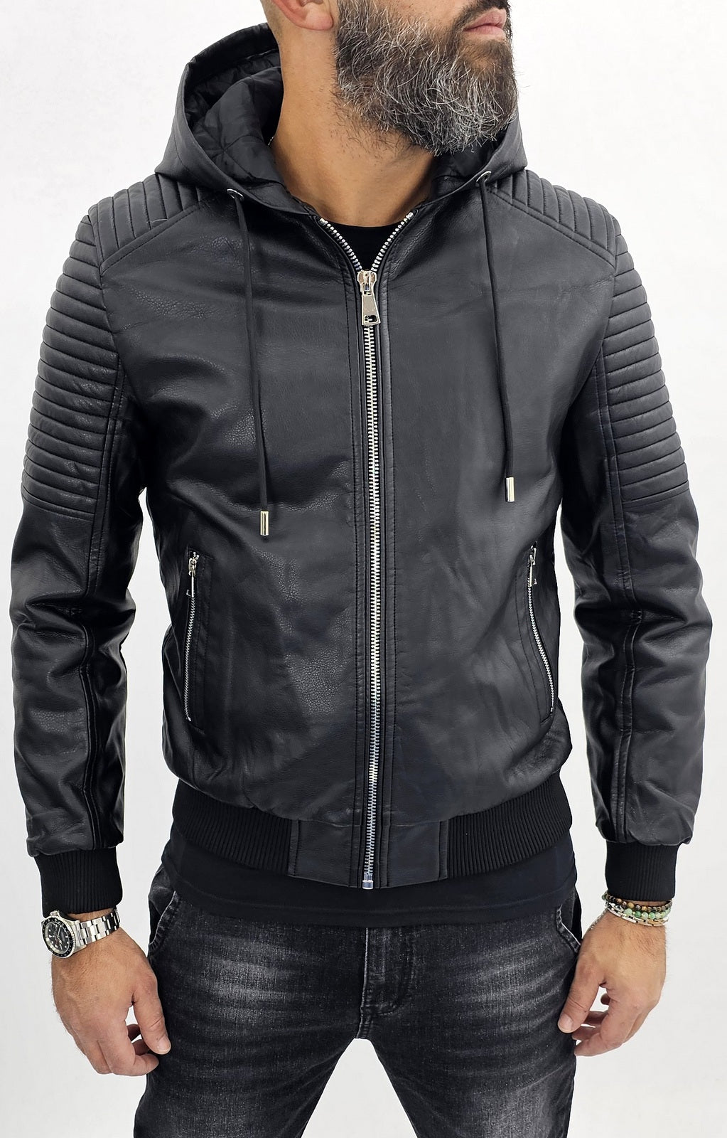 Giubbotto Uomo bomber Biker In Eco pelle Nero Cappuccio  s,ml,xl,xxl