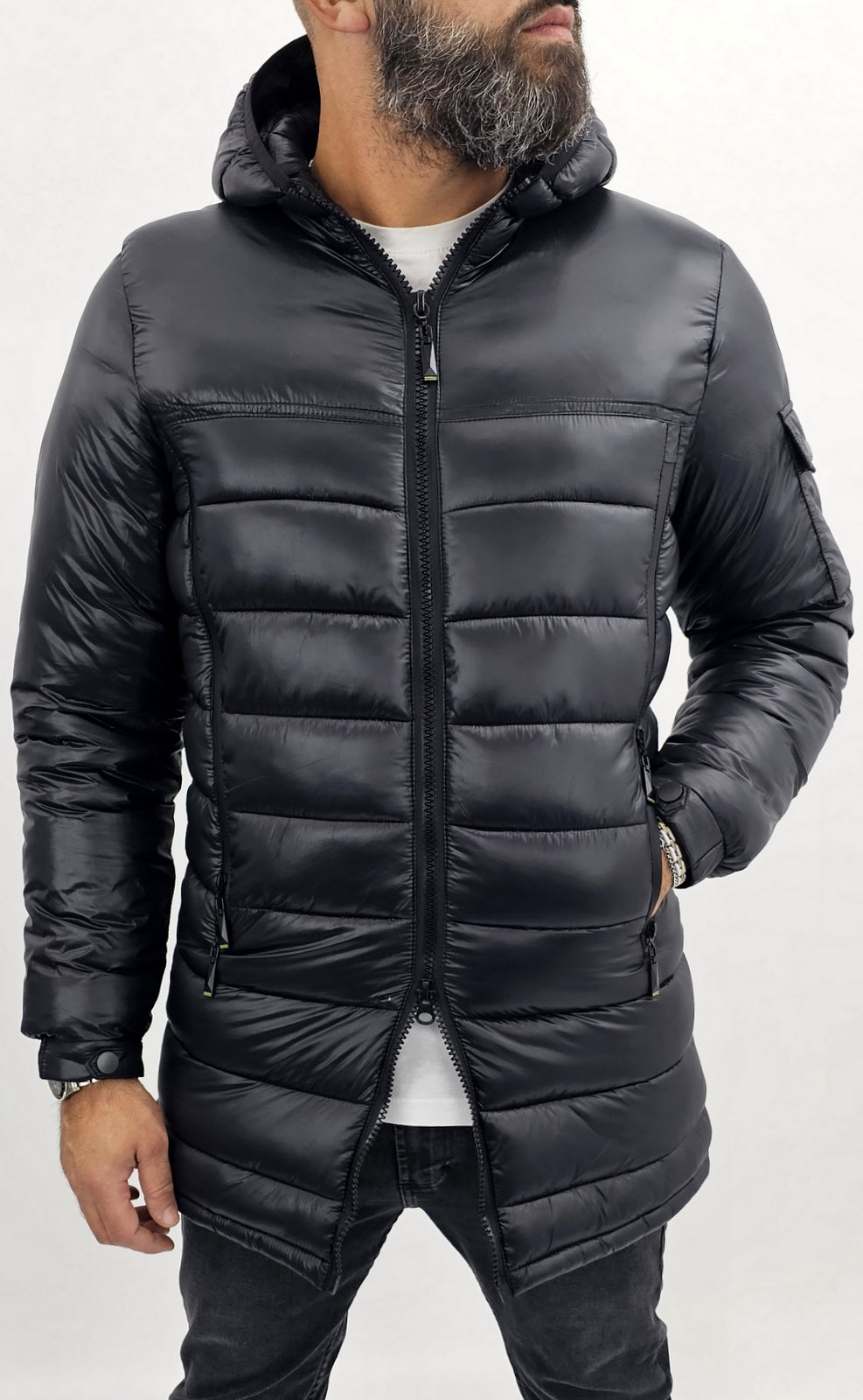 Giubbotto parka da uomo nero semi impermeabile lungo slim