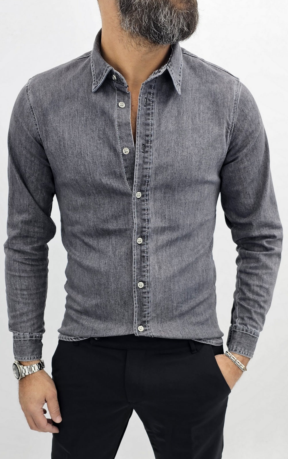 Camicia di effetto Jeans uomo Blu/nero cotone a manica Lunga slim elastica