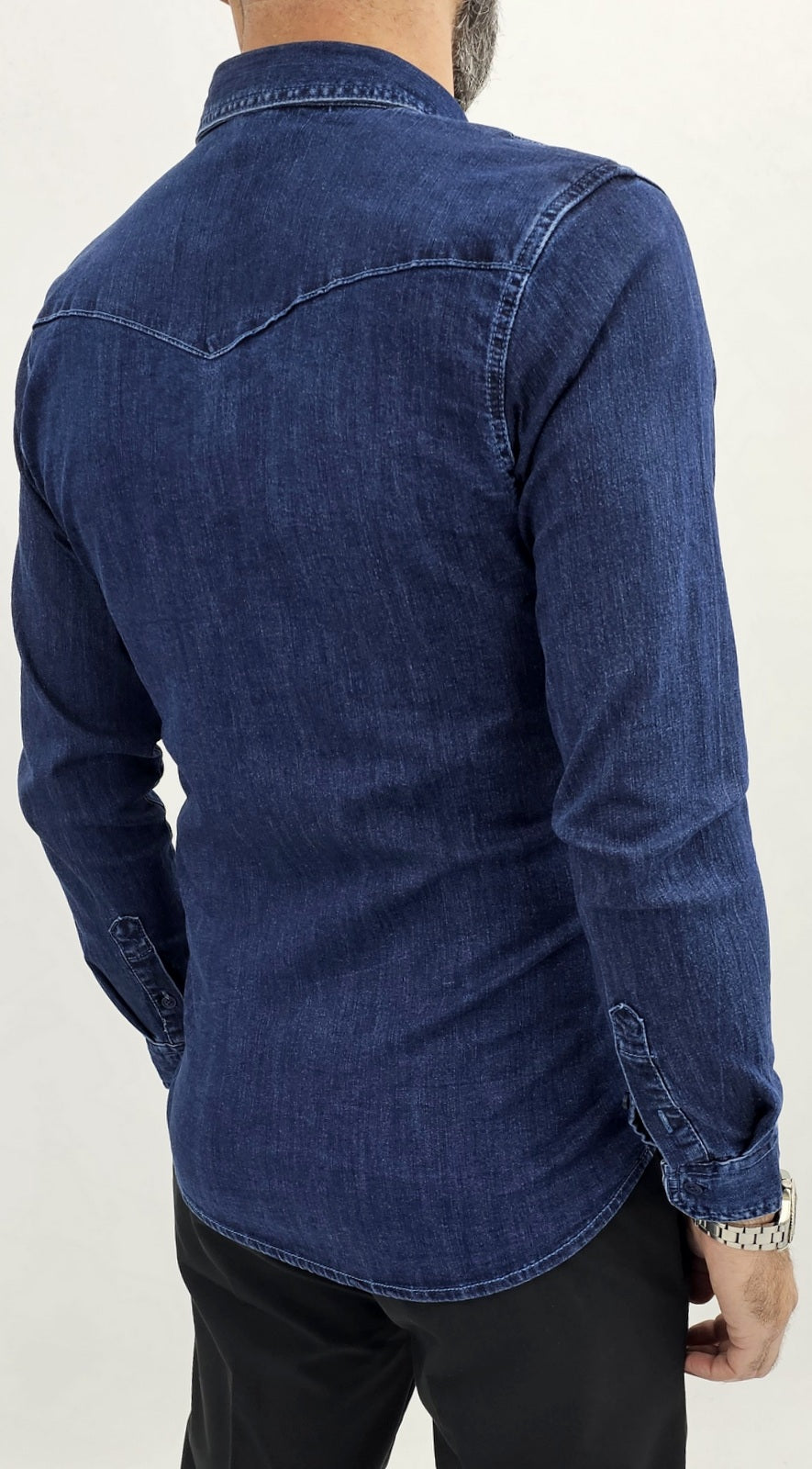 Camicia di effetto Jeans uomo Blu/nero cotone a manica Lunga slim elastica