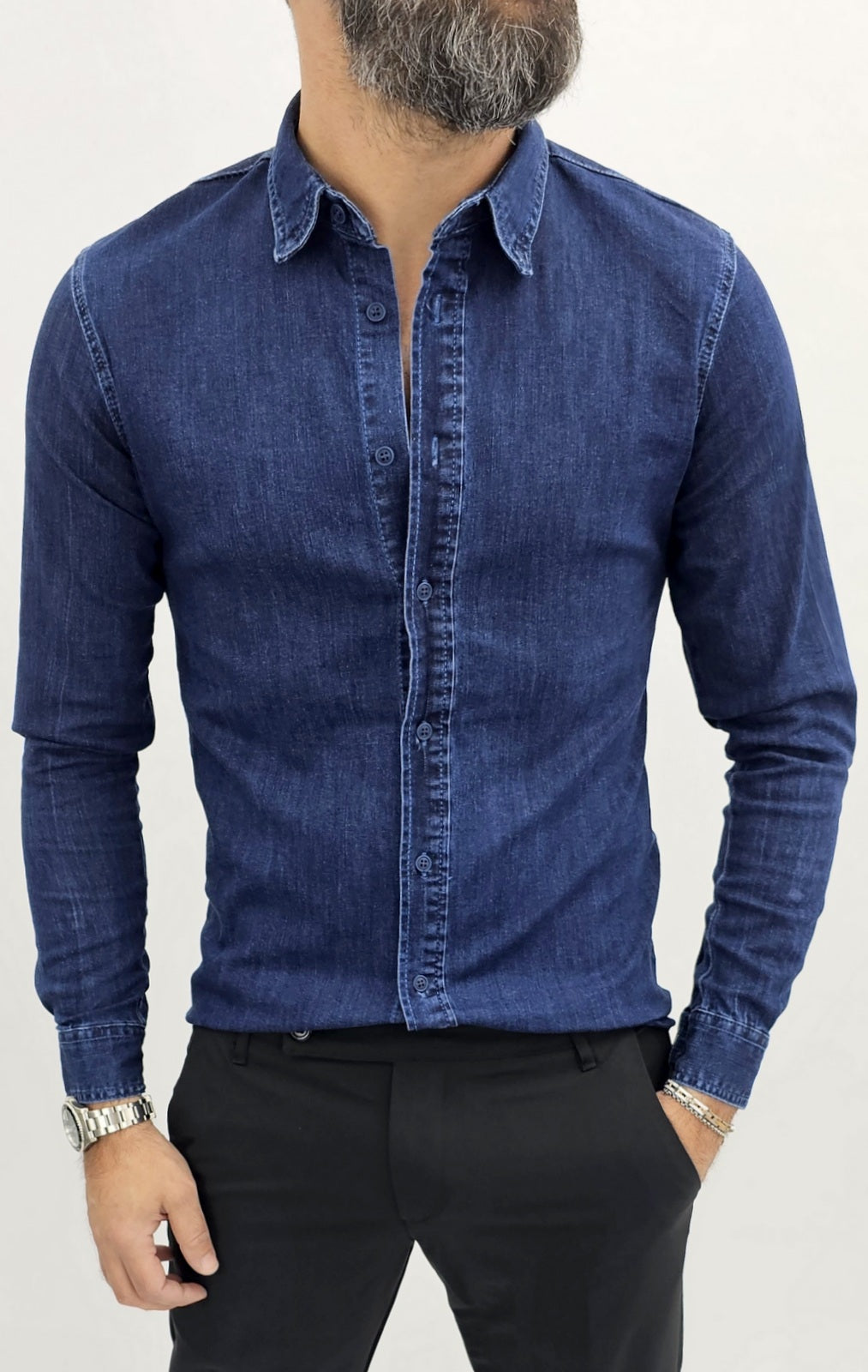 Camicia di effetto Jeans uomo Blu/nero cotone a manica Lunga slim elastica