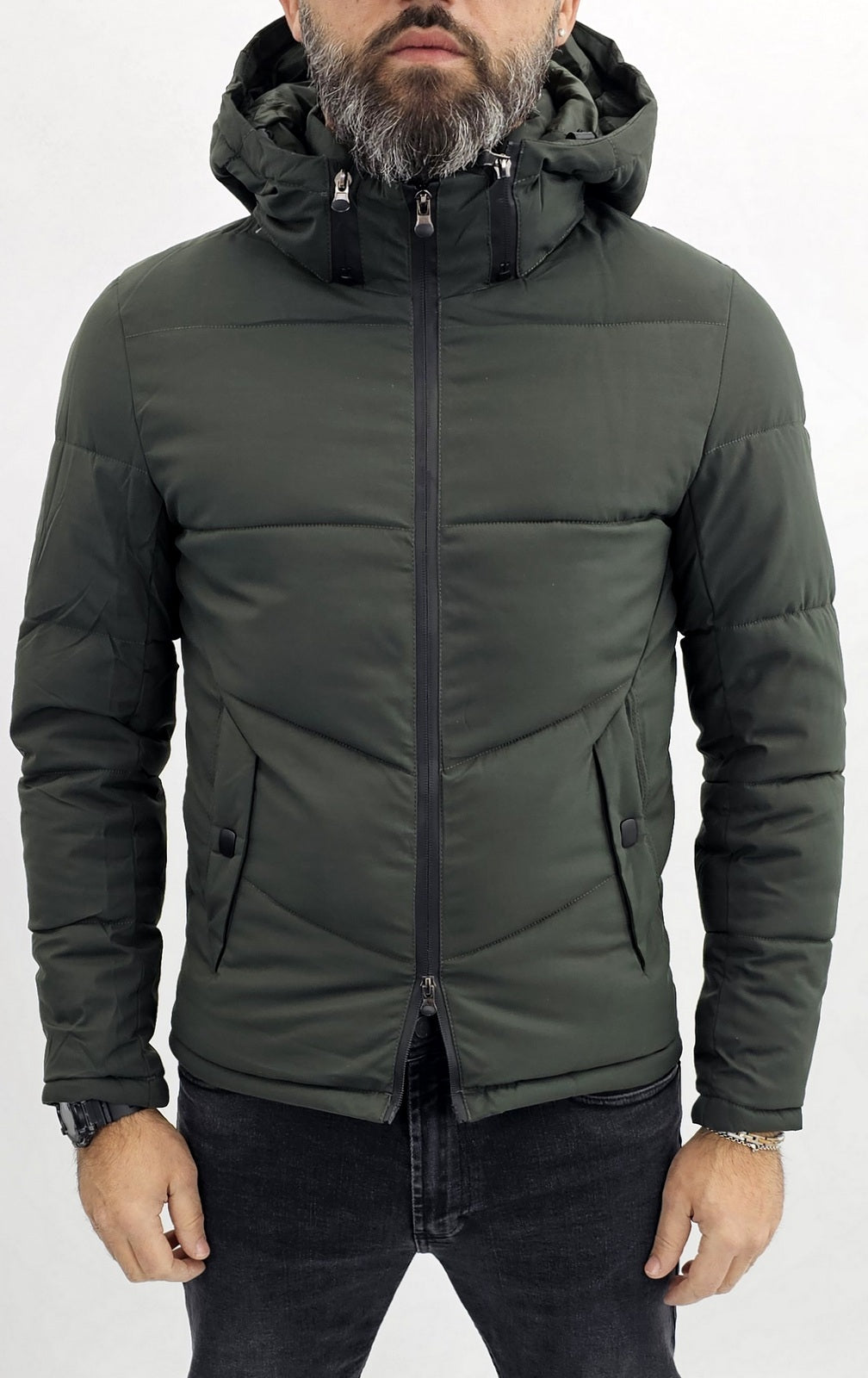 Giubbotto parka corto uomo semi impermeabile nero/verde slim Cappuccio s,m,l,xl,xxl