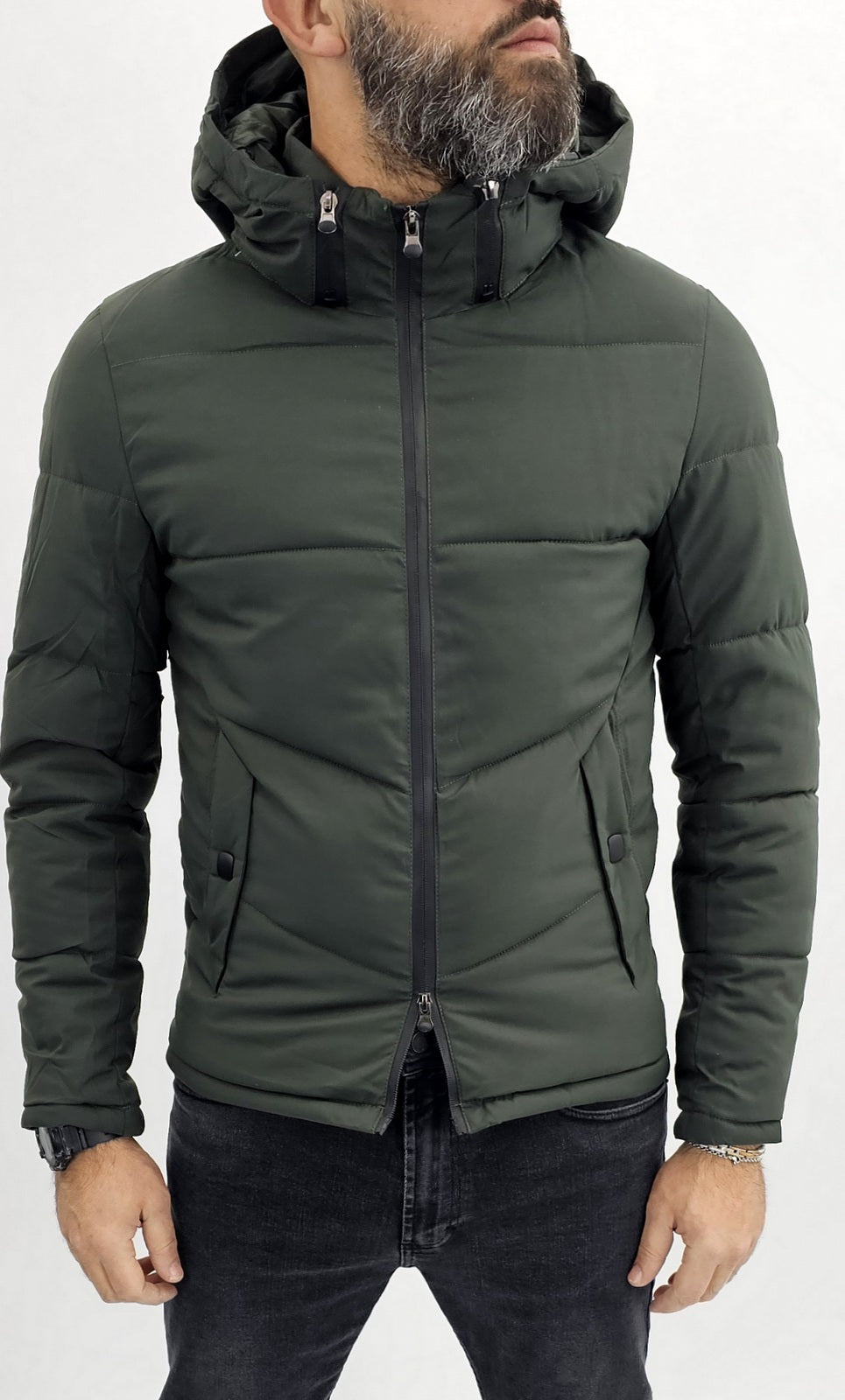 Giubbotto parka corto uomo semi impermeabile nero/verde slim Cappuccio s,m,l,xl,xxl