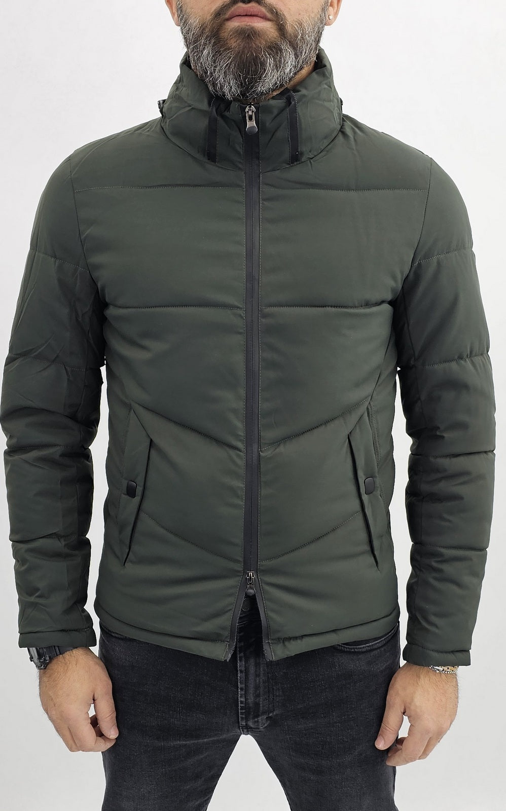 Giubbotto parka corto uomo semi impermeabile nero/verde slim Cappuccio s,m,l,xl,xxl