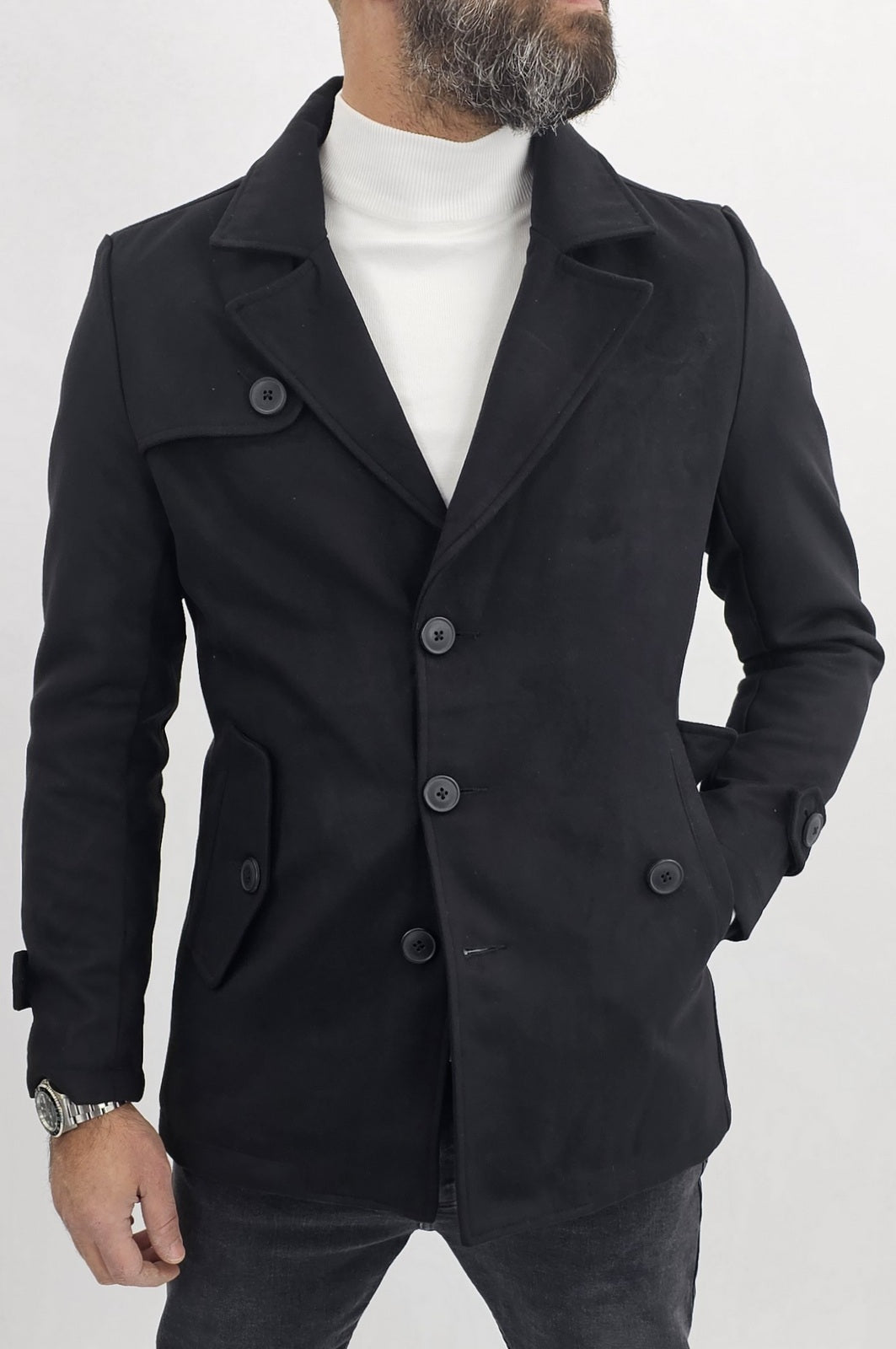 Cappotto Uomo Invernale monopetto Giacca Slim fit scamosciato nero