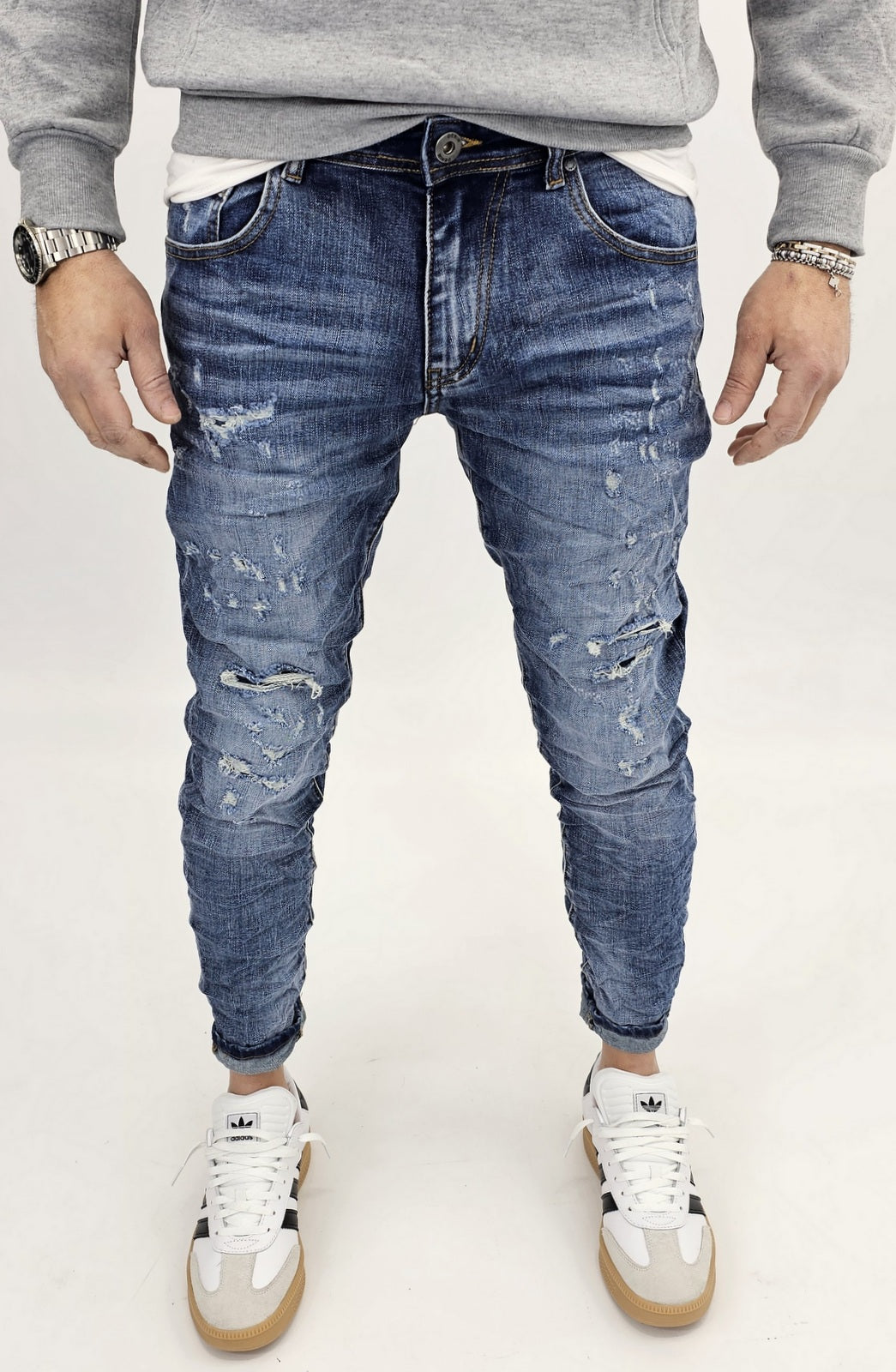 Jeans denim uomo Slim fit elasticizzati strech con strappi toppe blu sfumato 156