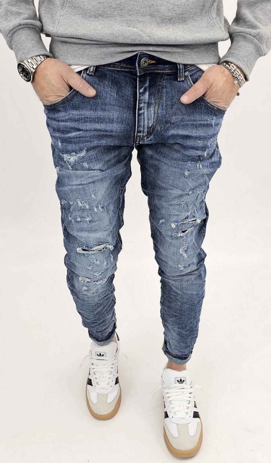 Jeans denim uomo Slim fit elasticizzati strech con strappi toppe blu sfumato 156