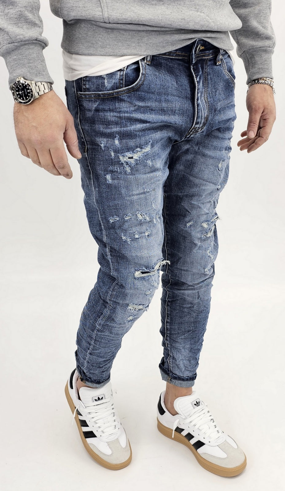 Jeans denim uomo Slim fit elasticizzati strech con strappi toppe blu sfumato 156